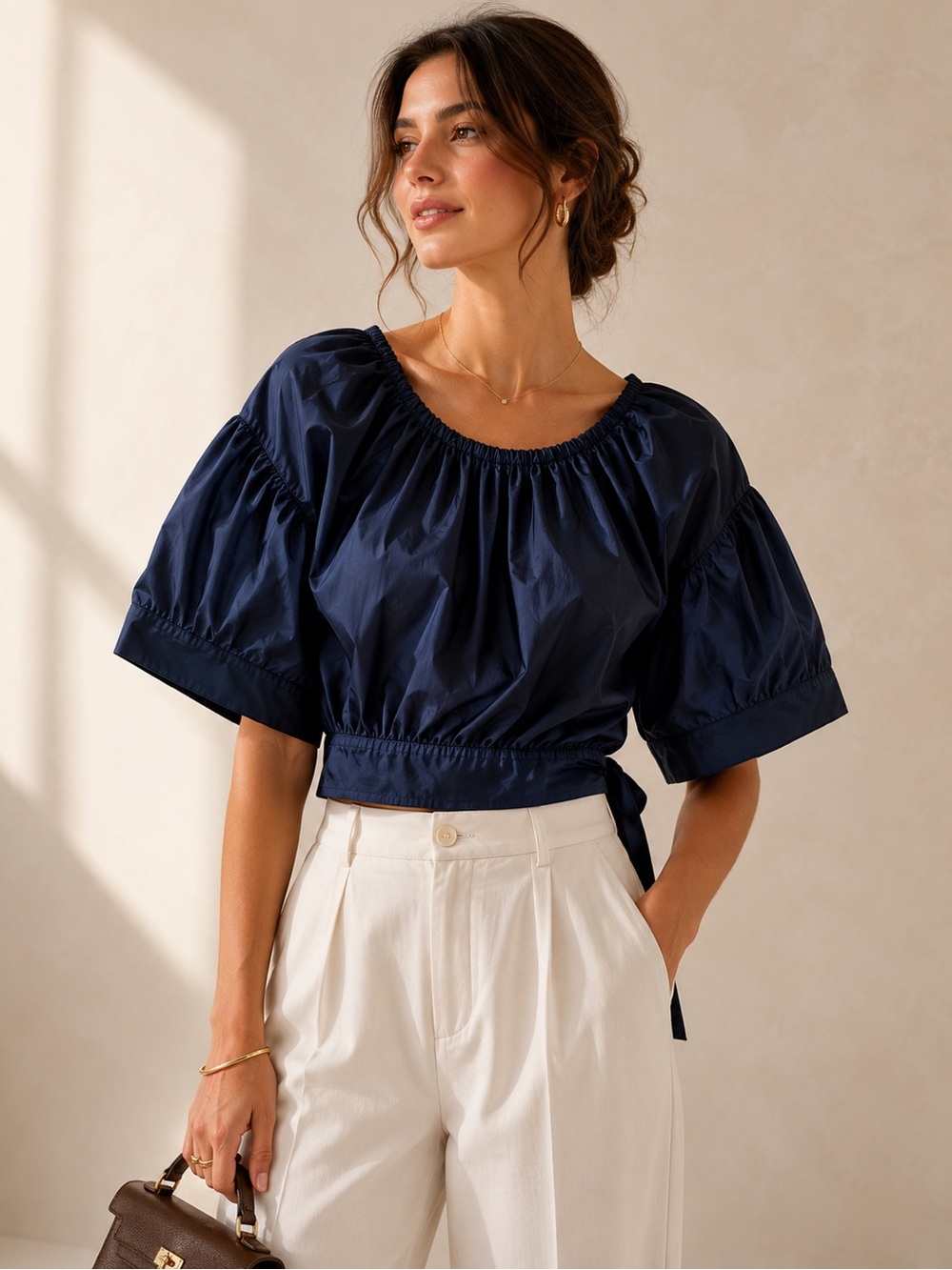 A.L.C Quietluxury 100% Cotton Navy Puff-Sleeve Tie-Waist Crop Top